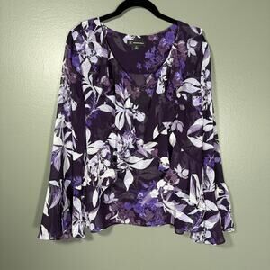 INC Women's Purple & White Floral Fairy Boho Top - Size Medium - Flutter Sleeves